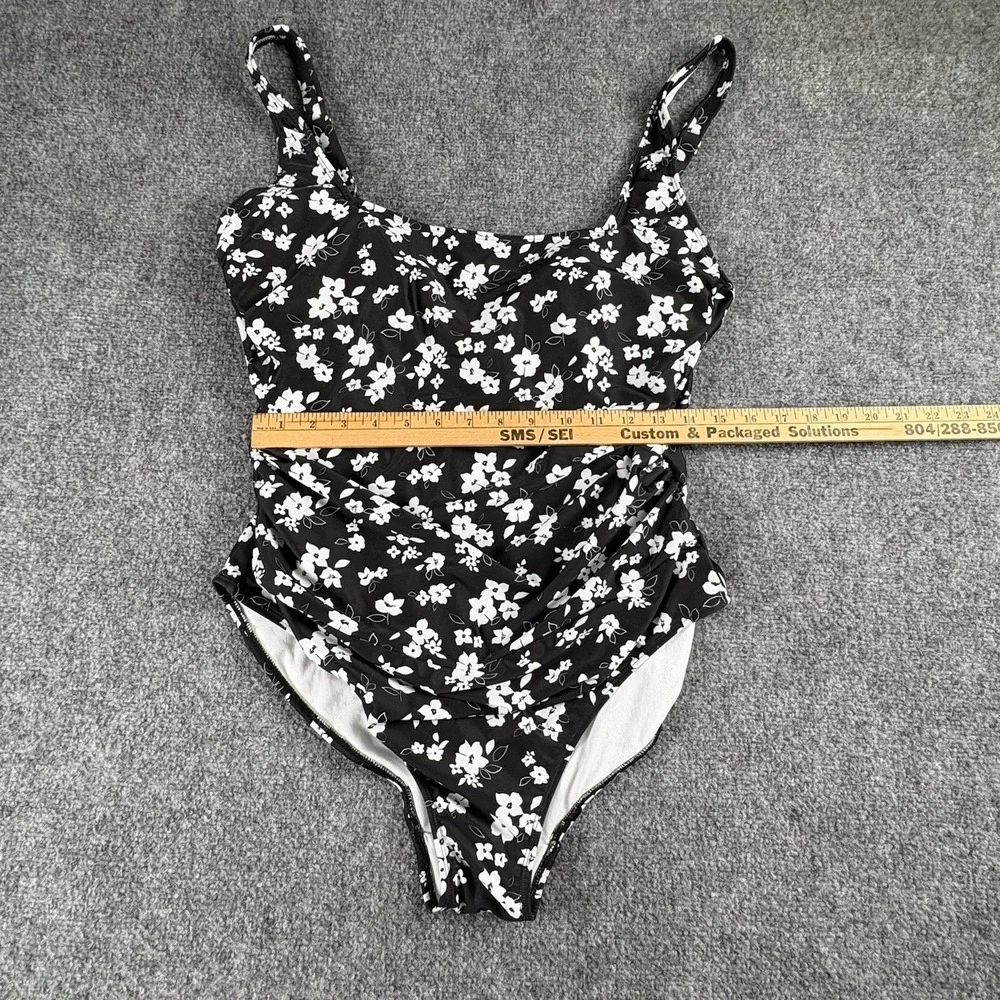 Anne Cole One Piece Swimsuit Women's 14 Black White Floral Ruched Tummy Control